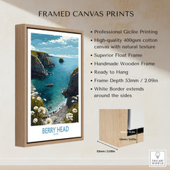 Berry Head Devon Print – Rocky Cliffs and Turquoise Sea Wall Decor framed canvas print with wooden frame.