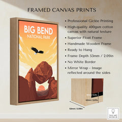 Big Bend National Park framed canvas art print with float frame details and sunset illustration