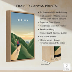 Big Sur travel poster framed canvas print with float frame, mountain hiker art, home decor
