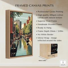 Birmingham England framed canvas print with a float wooden frame and city canal artwork.
