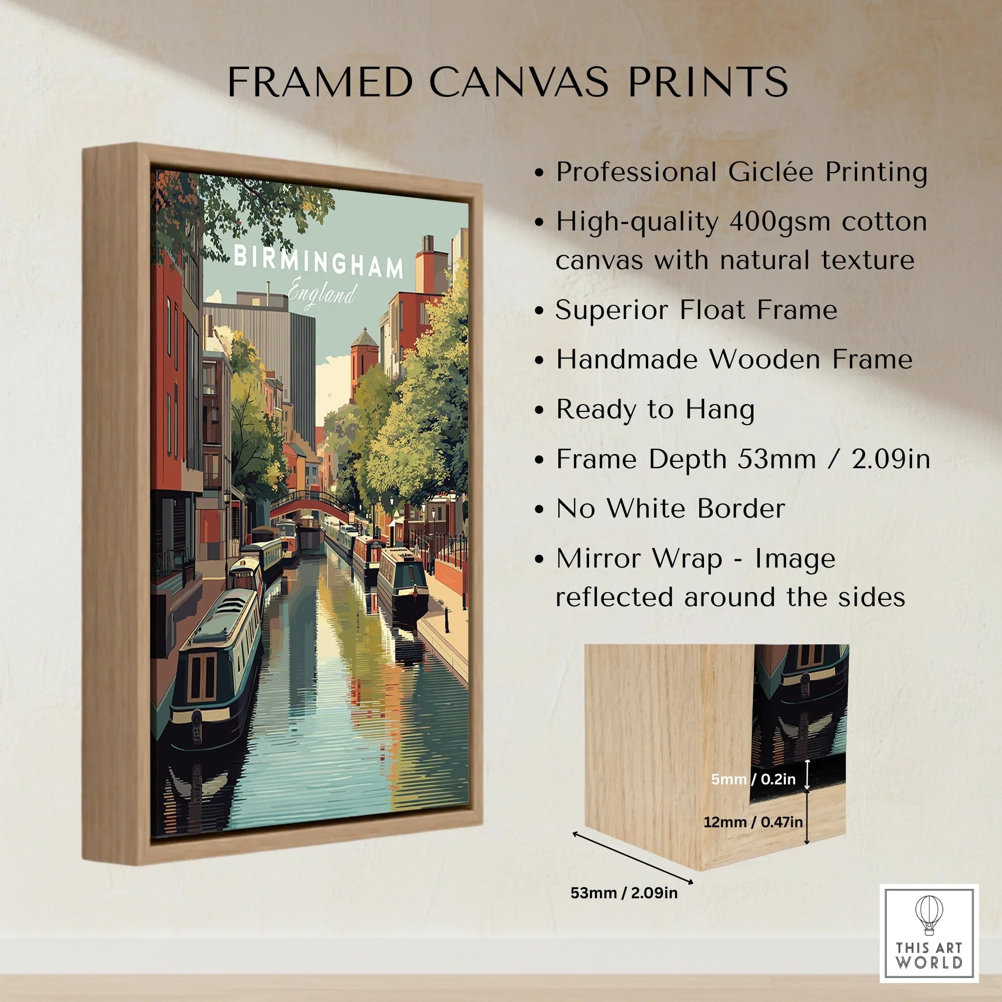 Birmingham England framed canvas print with a float wooden frame and city canal artwork.