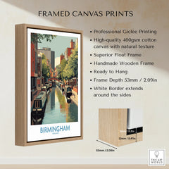 Framed canvas print featuring Birmingham canal cityscape, float mount, handmade wooden frame