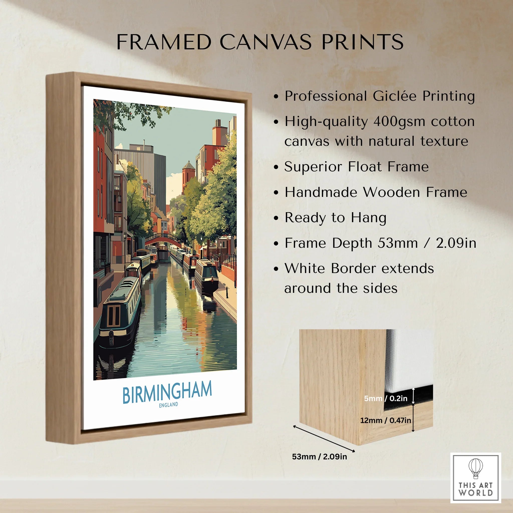 Framed canvas print featuring Birmingham canal cityscape, float mount, handmade wooden frame