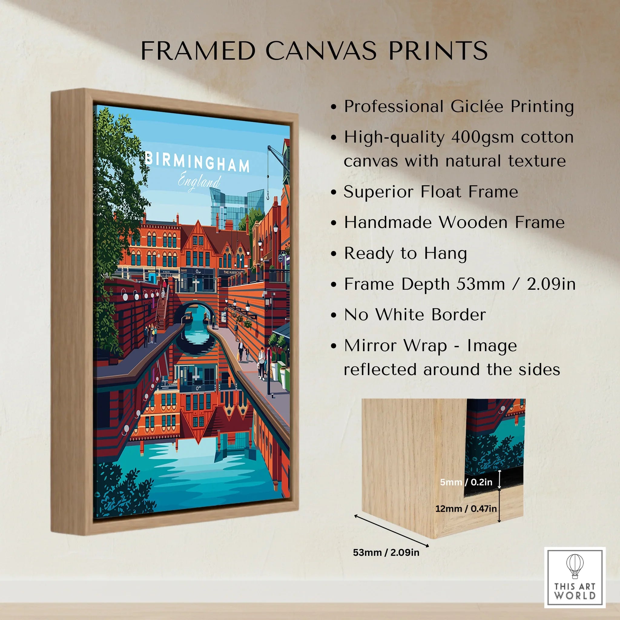 Framed Birmingham cityscape canvas print with float frame and wooden edge details