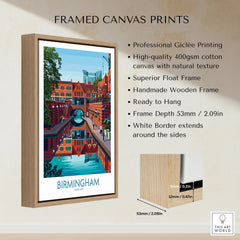 Framed canvas print of Birmingham England with float frame and product details on wall