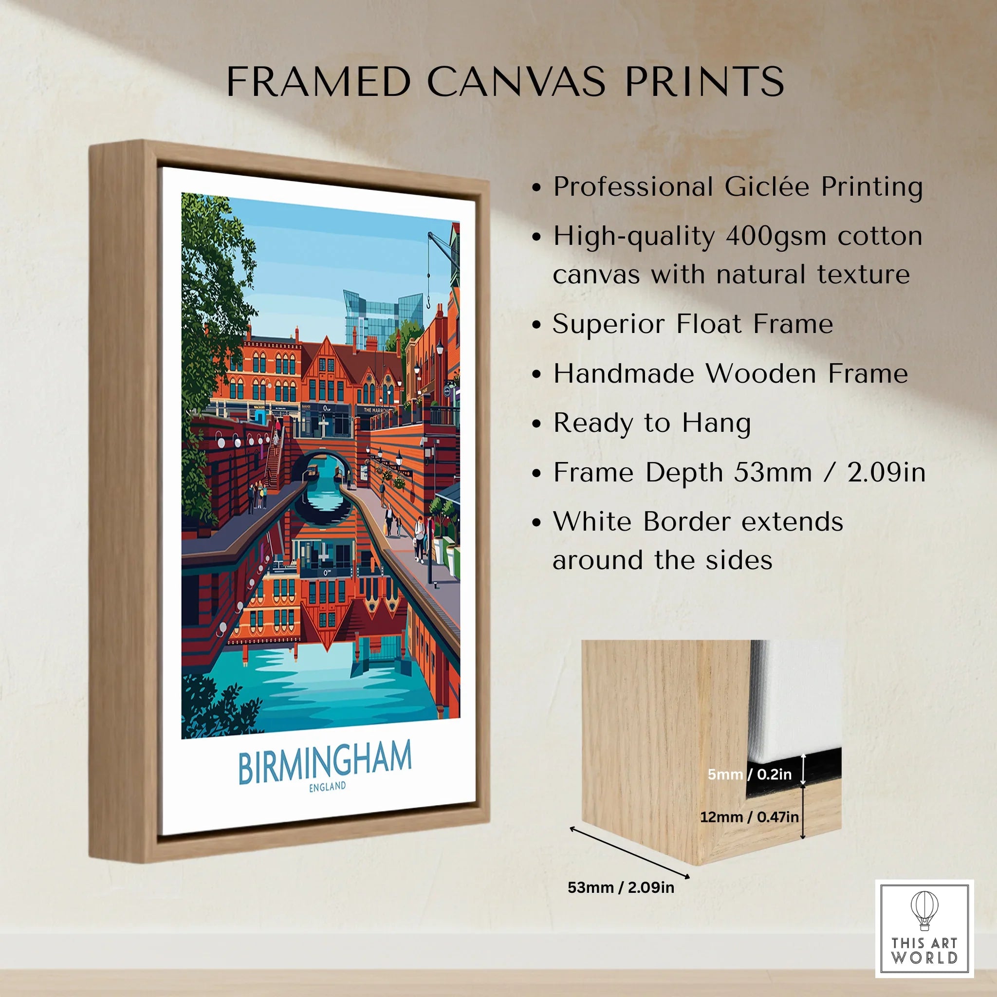Framed canvas print of Birmingham England with float frame and product details on wall
