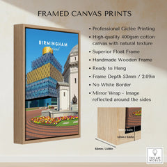 Framed Birmingham cityscape art print with wooden float frame and product details.