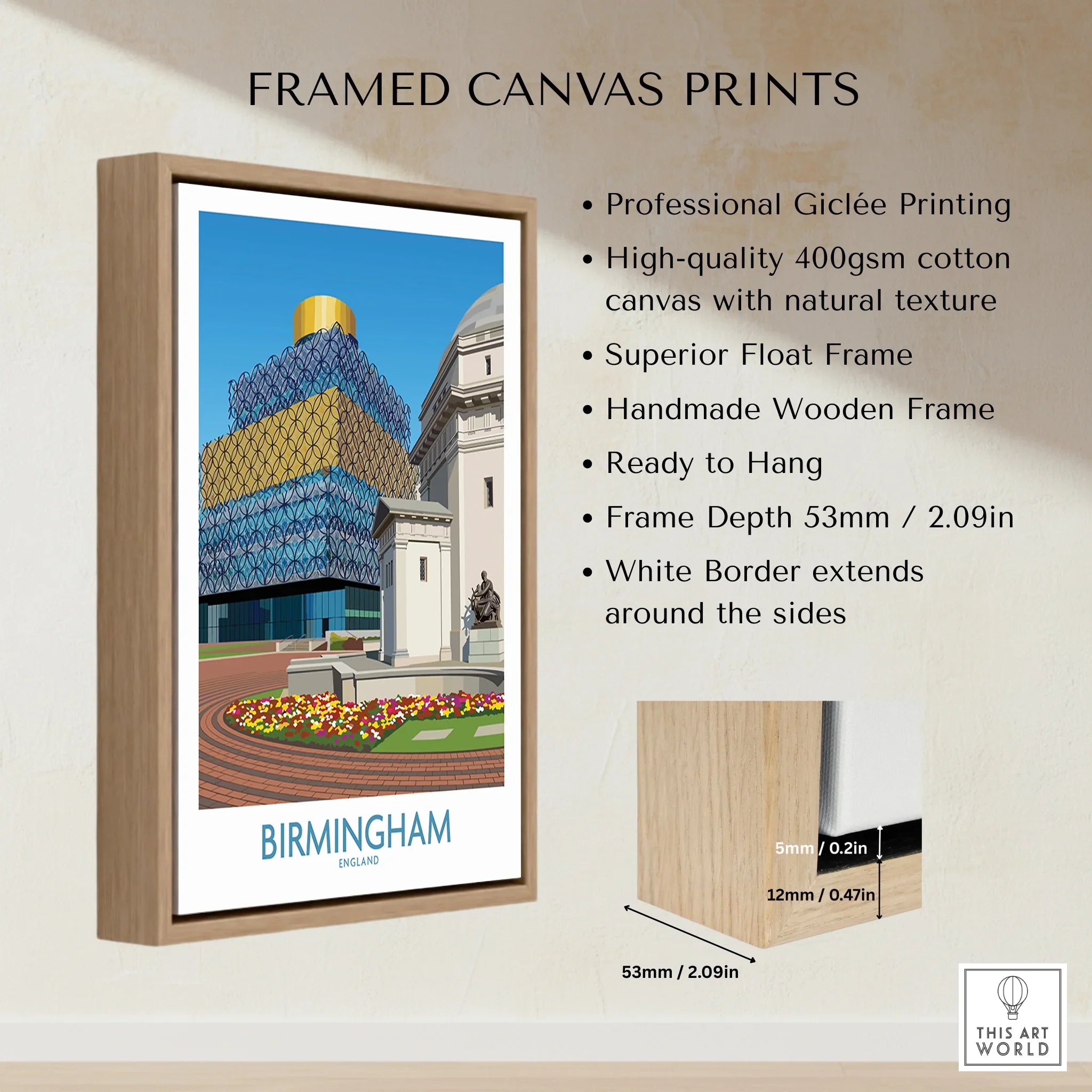 Framed canvas print of Birmingham city skyline in float wooden frame, wall art decor.
