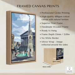 Birmingham England cityscape framed canvas print with wooden float frame and detailed specs.
