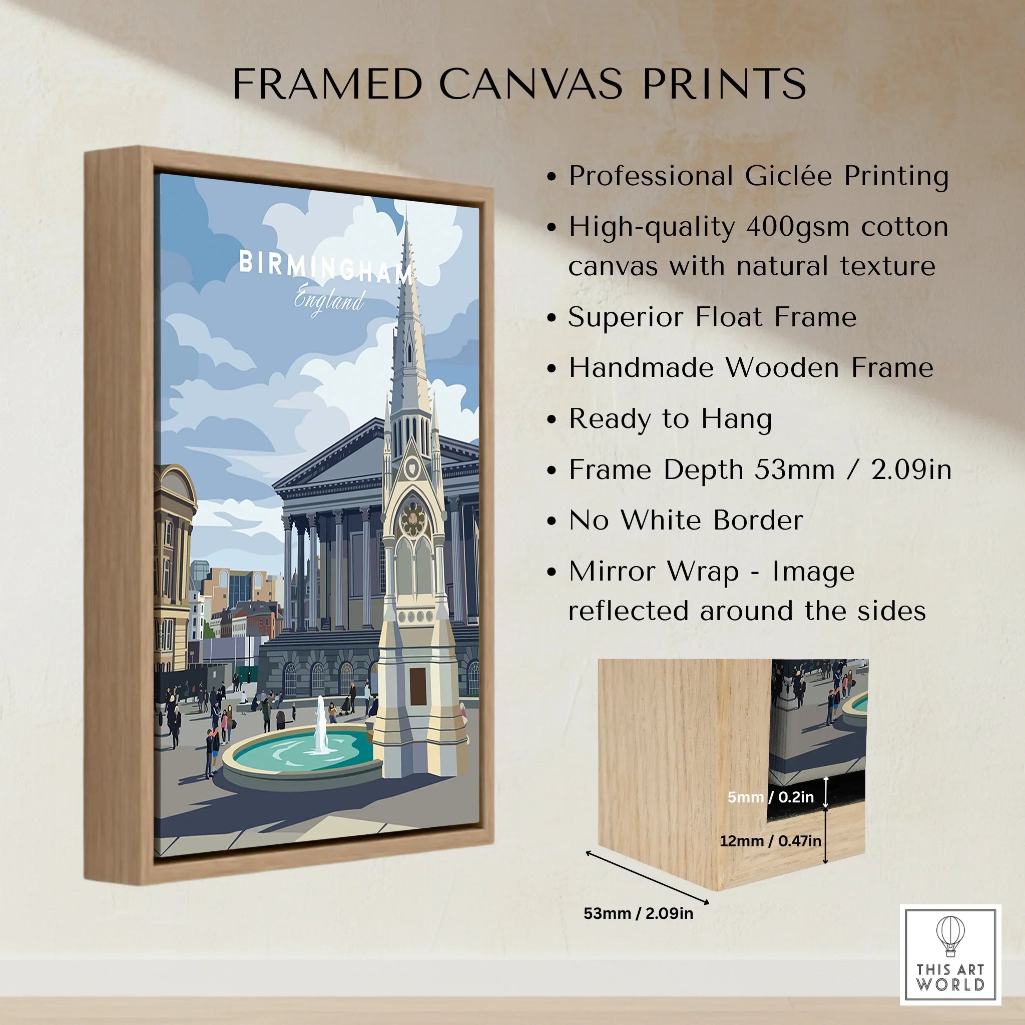 Birmingham England cityscape framed canvas print with wooden float frame and detailed specs.