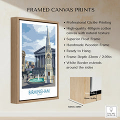 Birmingham travel poster framed canvas print with handmade wooden float frame and white border