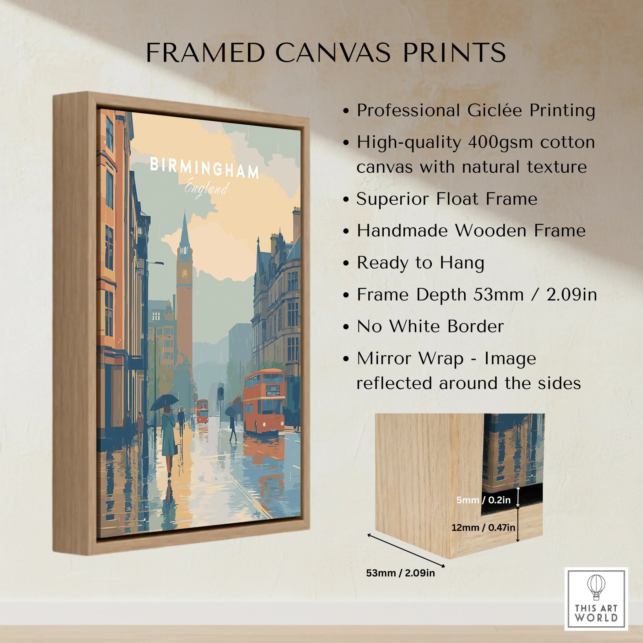 Framed canvas print of Birmingham cityscape with wooden float frame, wall art details listed.
