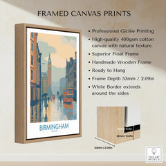 Framed Birmingham England travel poster wall art with float frame and canvas details