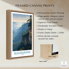 Framed canvas print of Blue Mountains landscape with wooden float frame, wall art details.
