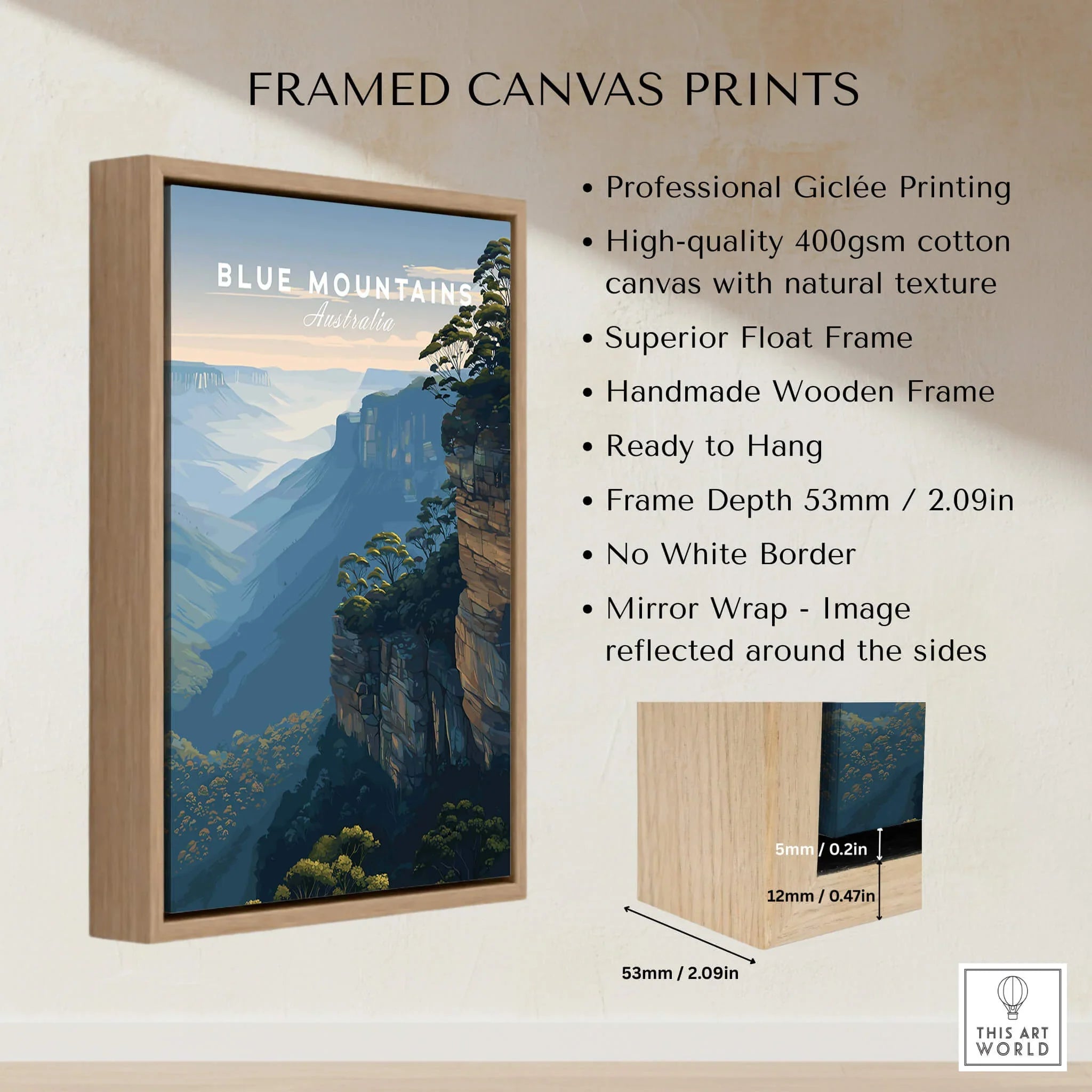 Framed Blue Mountains Australia canvas wall art with wooden float frame and quality print details.