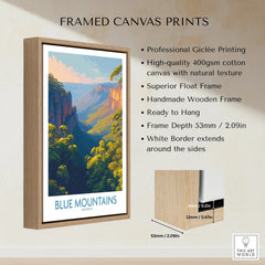 Framed canvas print of Blue Mountains Australia with float wooden frame and white border