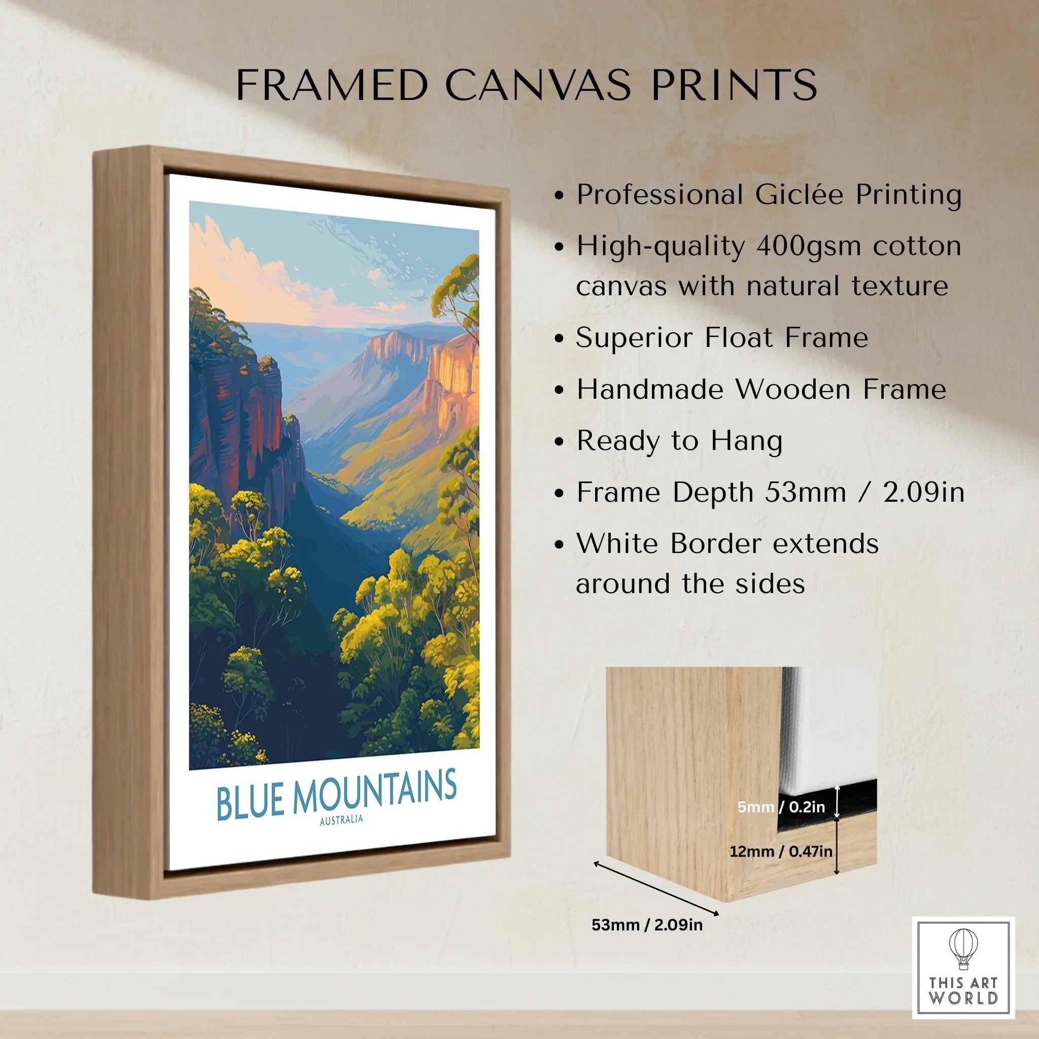 Framed canvas print of Blue Mountains Australia with float wooden frame and white border