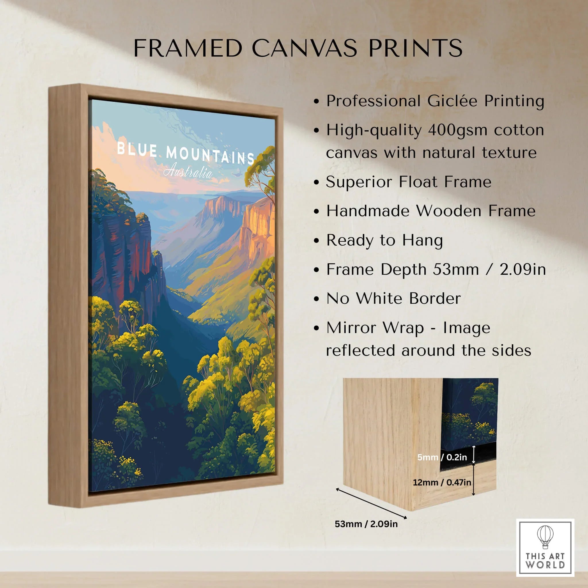 Framed canvas print of Blue Mountains Australia with float frame and wooden edge details
