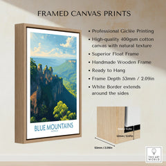 Framed canvas print of Blue Mountains Australia with float frame and detailed wall art features.