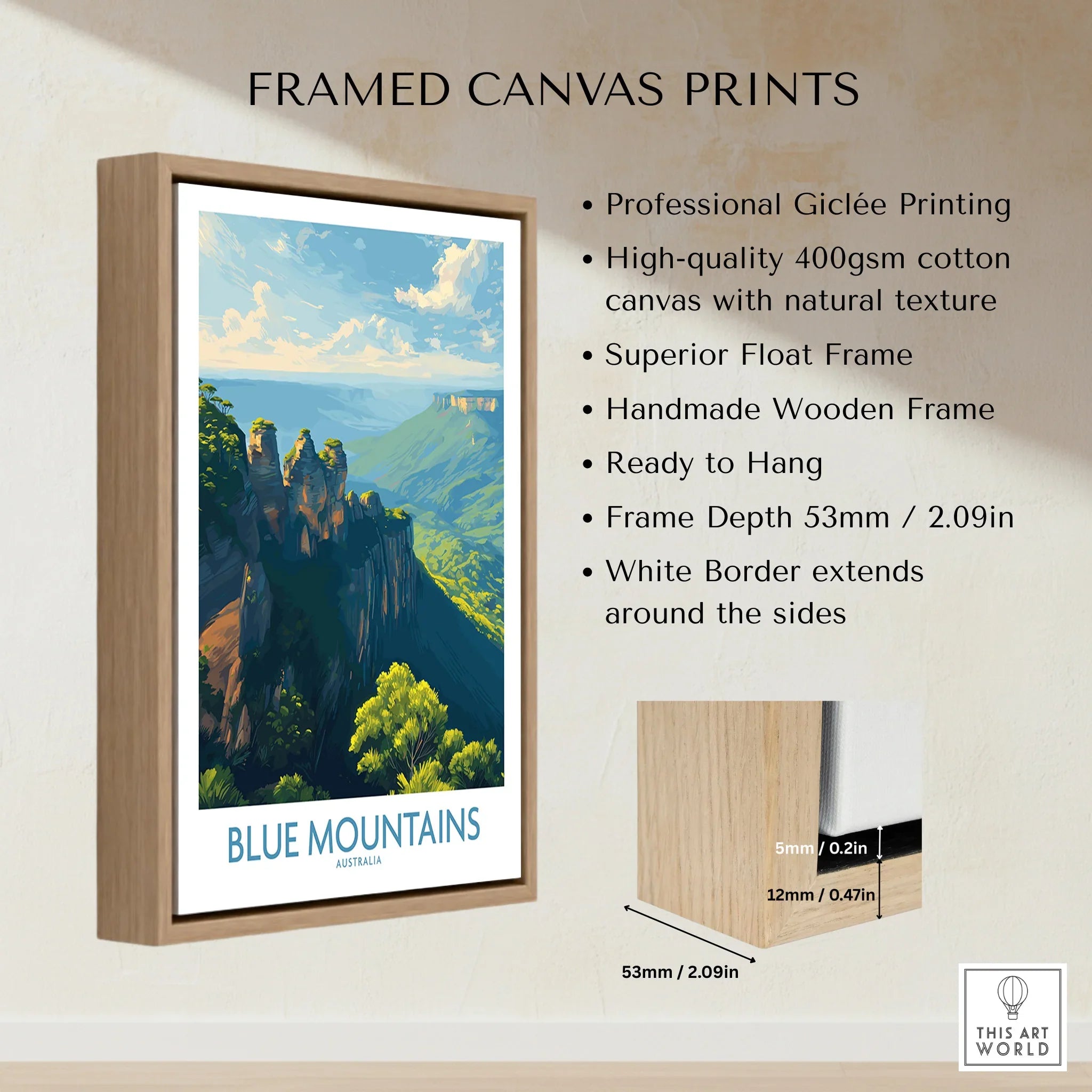 Framed canvas print of Blue Mountains Australia with float frame and detailed wall art features.