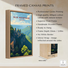 Framed canvas print of Blue Mountains Australia landscape with float frame and wood detail.