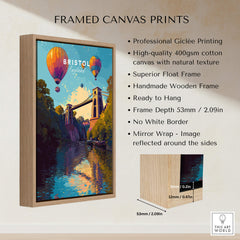 Bristol Travel Poster – Clifton Suspension Bridge and Hot Air Balloons Art displayed on framed canvas.