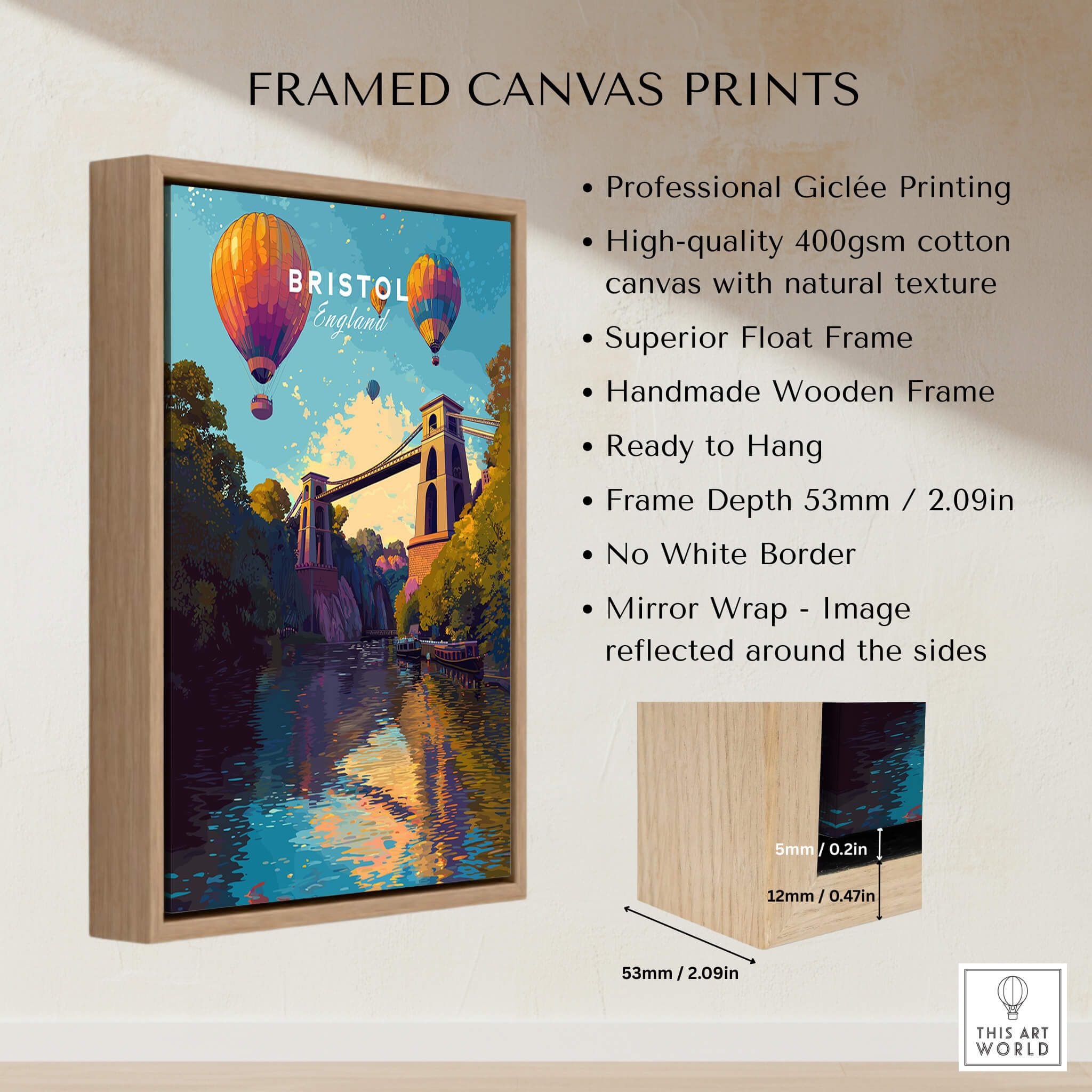 Bristol Travel Poster – Clifton Suspension Bridge and Hot Air Balloons Art displayed on framed canvas.