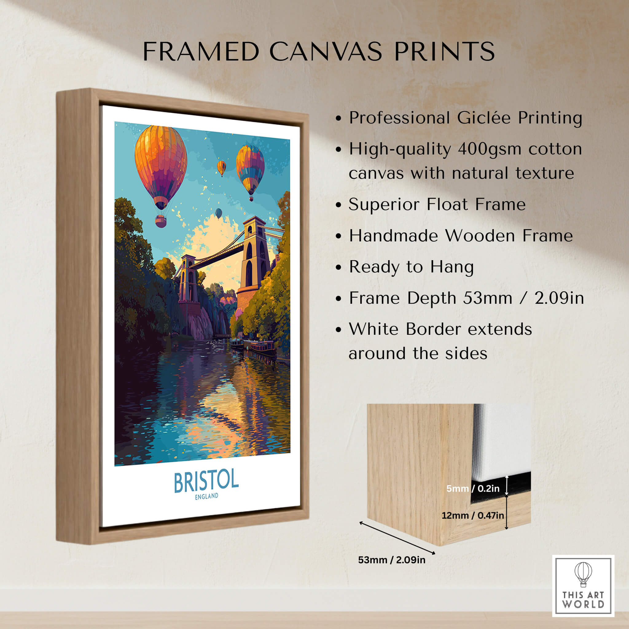 Bristol England Wall Art – River Avon Sunset and Balloon Festival Print in framed canvas format.