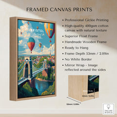 Bristol Travel Poster – Cityscape and Clifton Suspension Bridge Print, framed canvas print showcasing vibrant colors and texture.