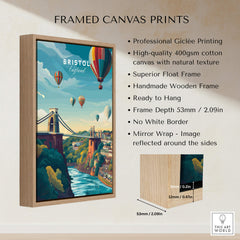 Bristol Art Print - Clifton Bridge Poster featured in a stylish wooden frame with vibrant colors and high-quality printing.