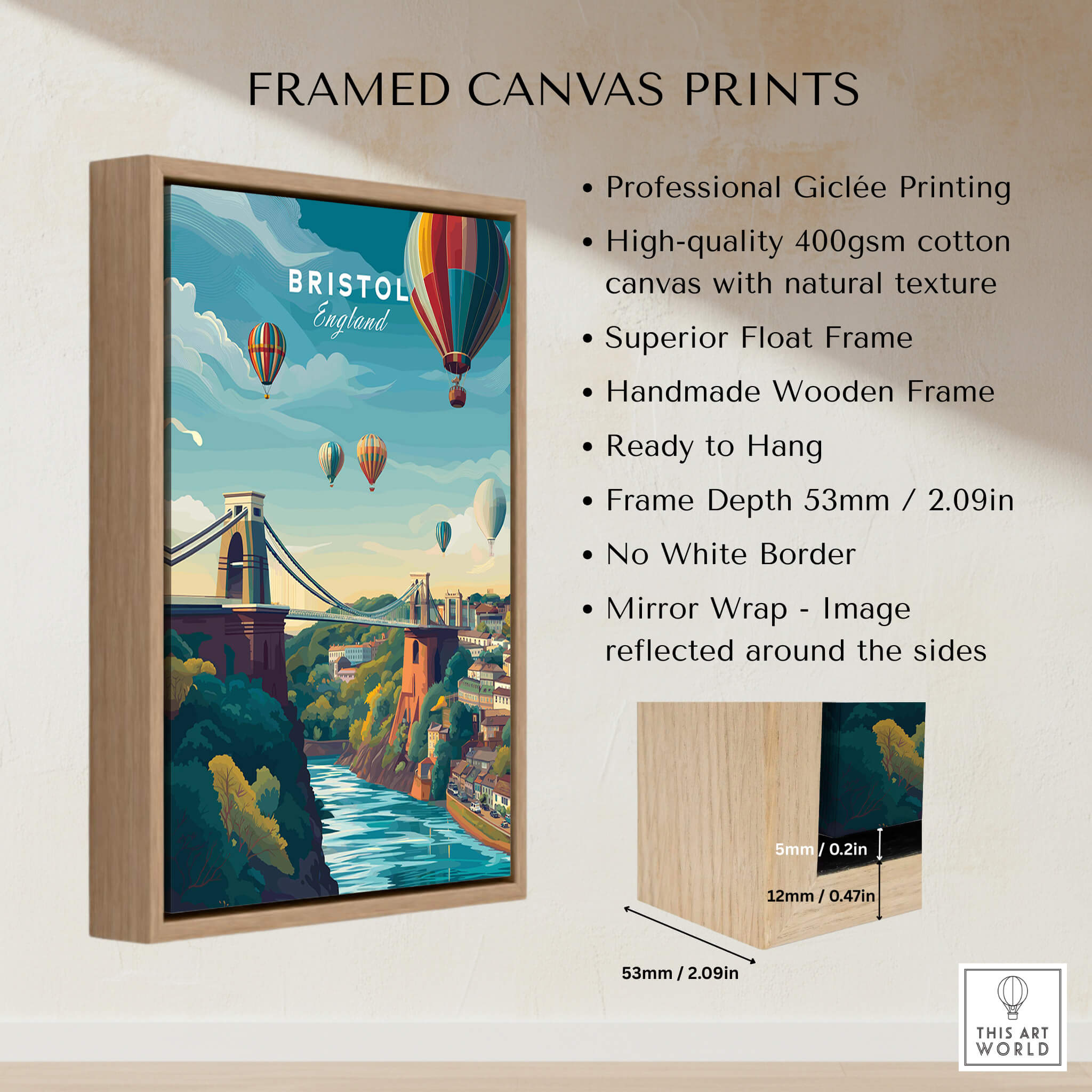 Bristol Art Print - Clifton Bridge Poster featured in a stylish wooden frame with vibrant colors and high-quality printing.