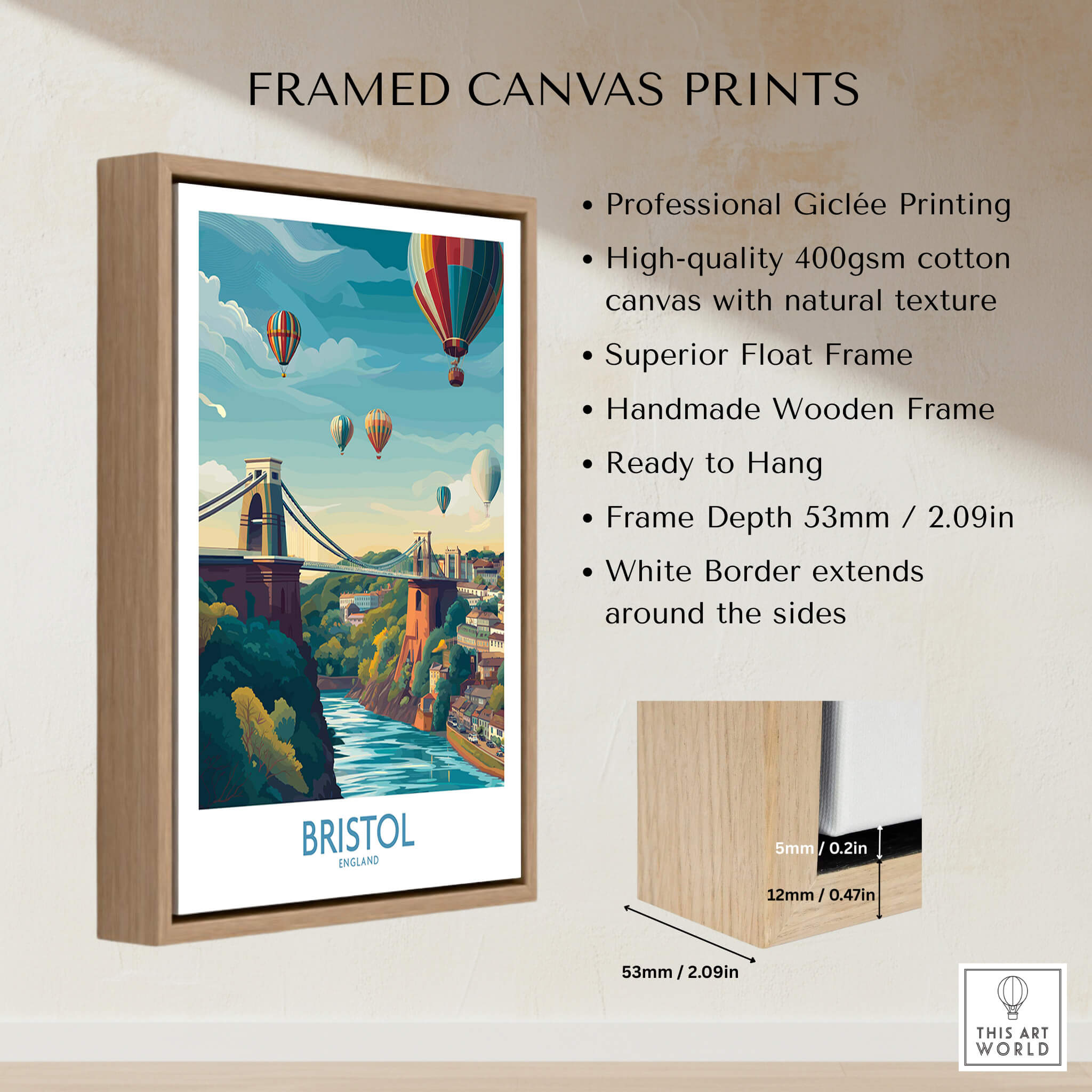 Bristol Canvas Print - Wall Art Poster showcasing a vibrant Bristol scene with hot air balloons and iconic landmarks.