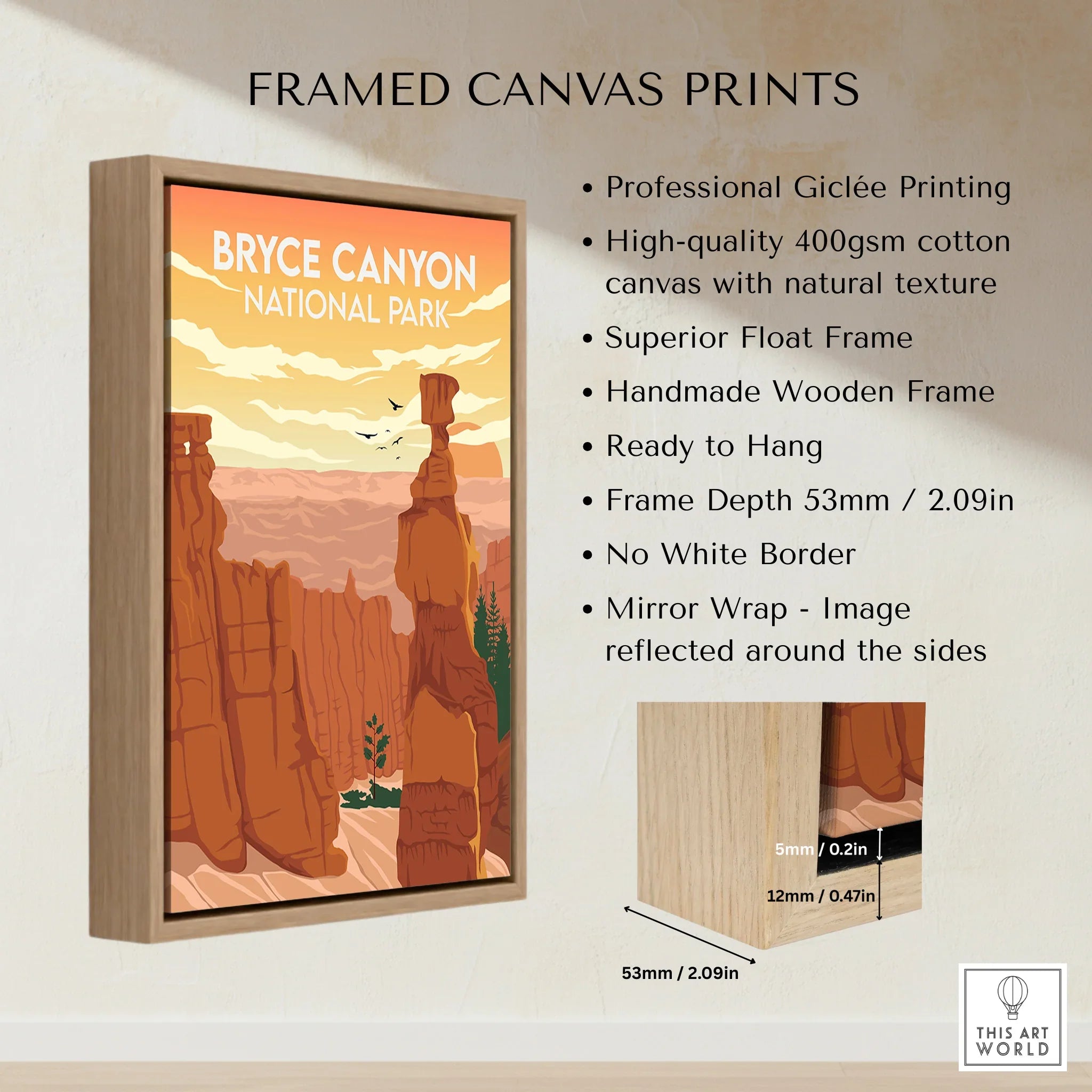 Bryce Canyon National Park framed canvas wall art with natural wood float frame
