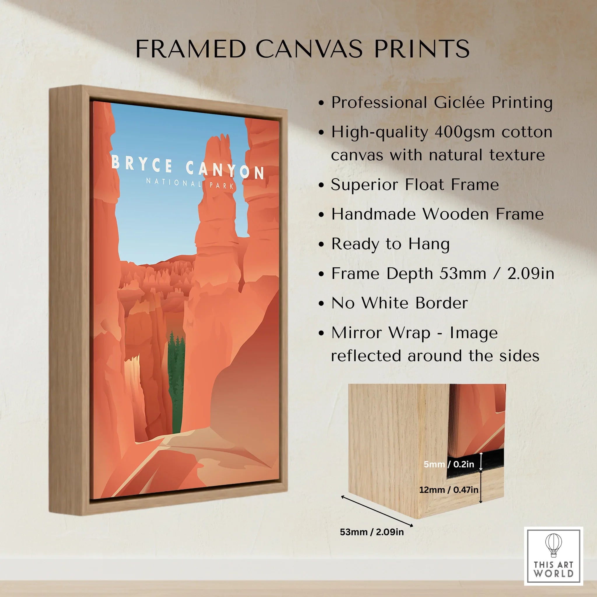 Bryce Canyon National Park framed canvas print with float frame details and wall art features