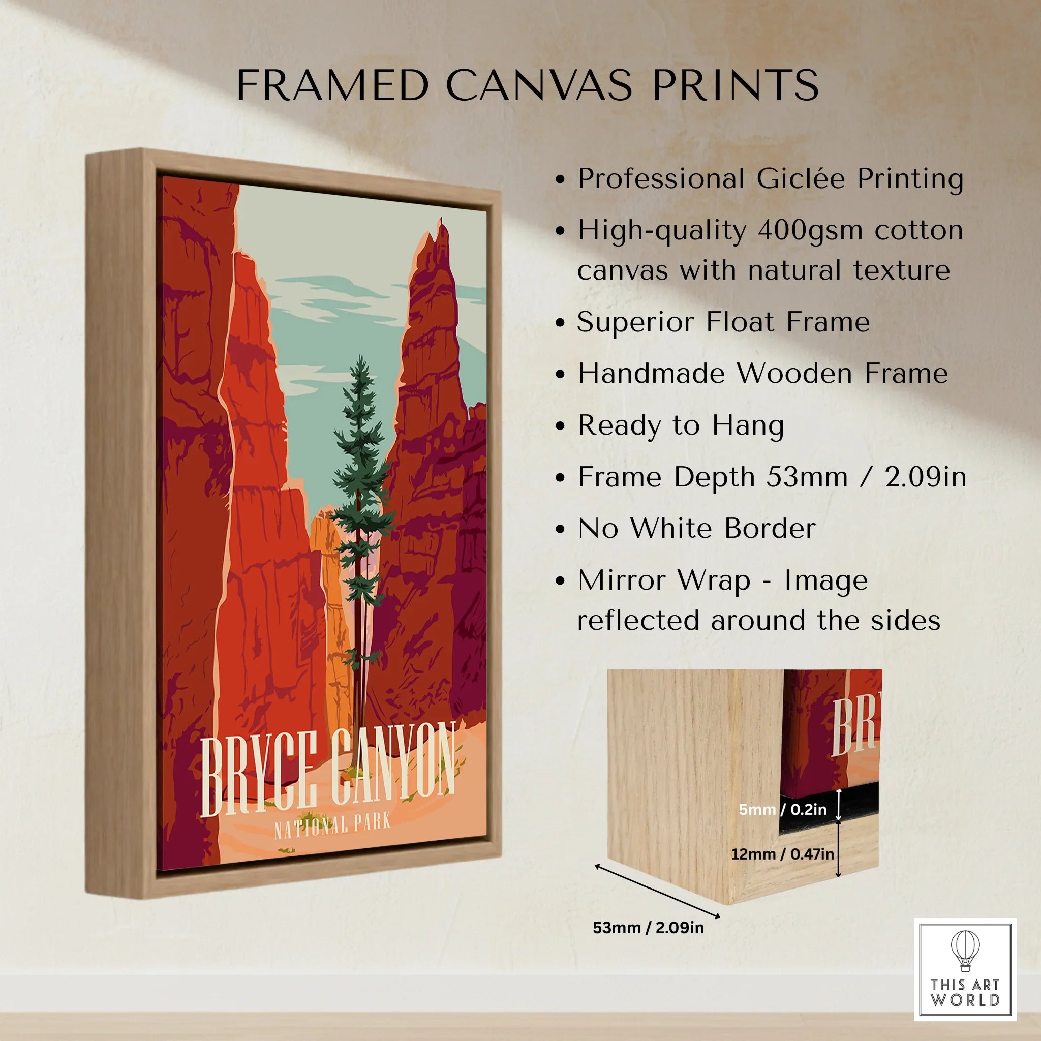 Framed canvas print of Bryce Canyon National Park with float frame and wooden details.