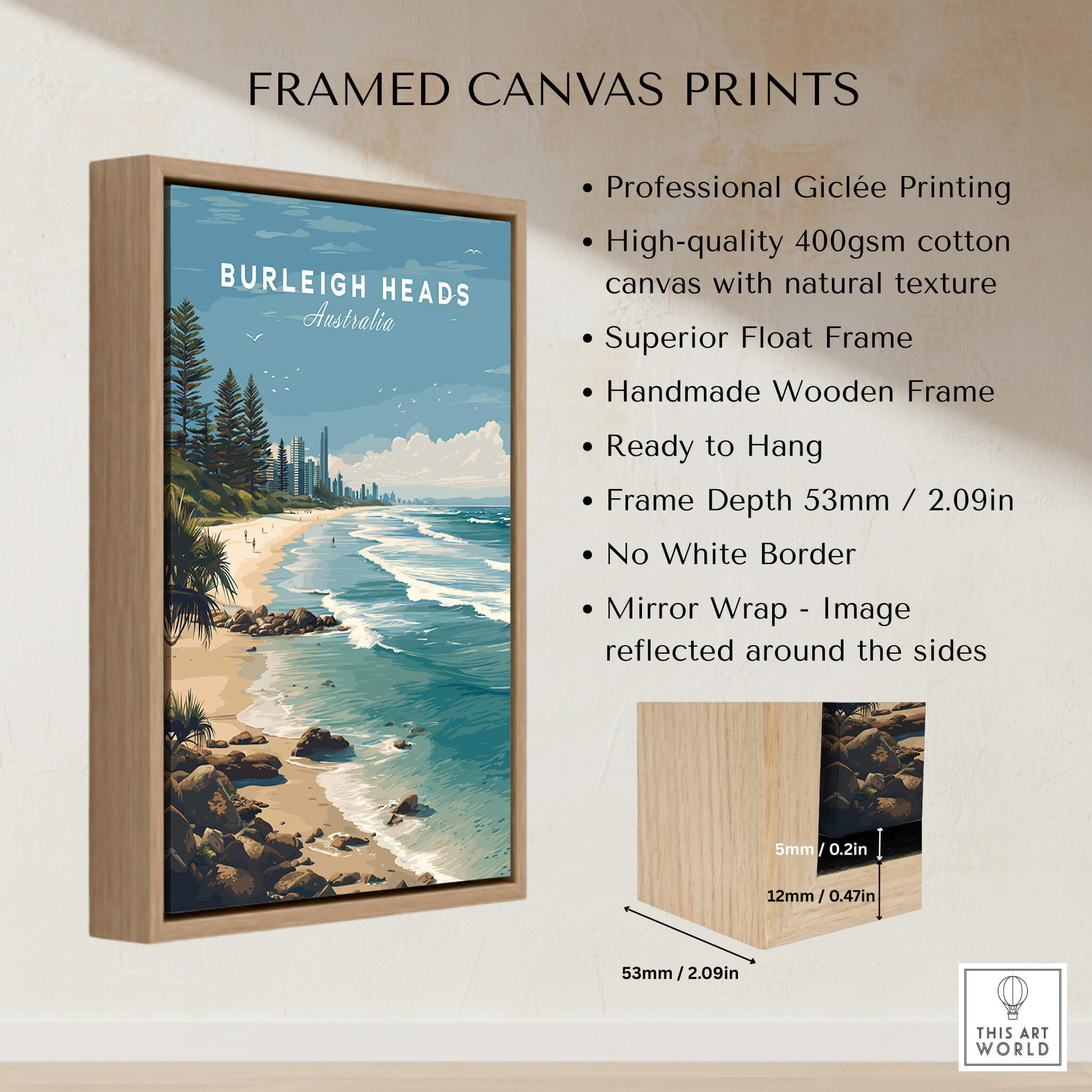 Burleigh Heads Australia Poster – Gold Coast Skyline & Iconic Surf Beach Wall Art framed canvas print with natural texture.