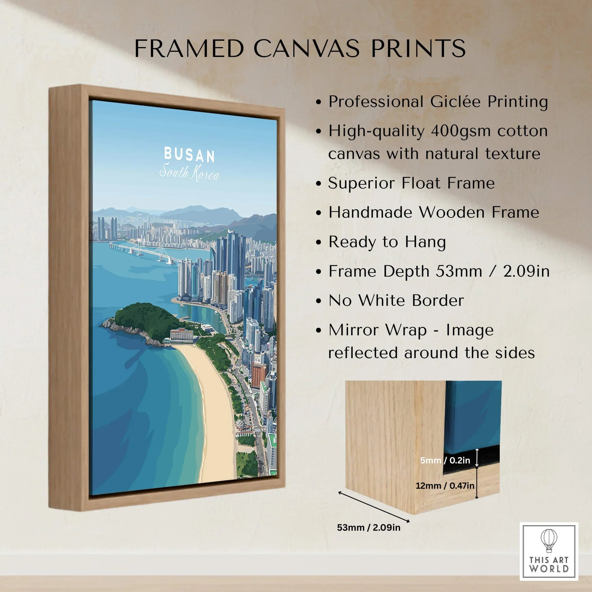 Framed canvas print of Busan South Korea skyline with float frame and product details