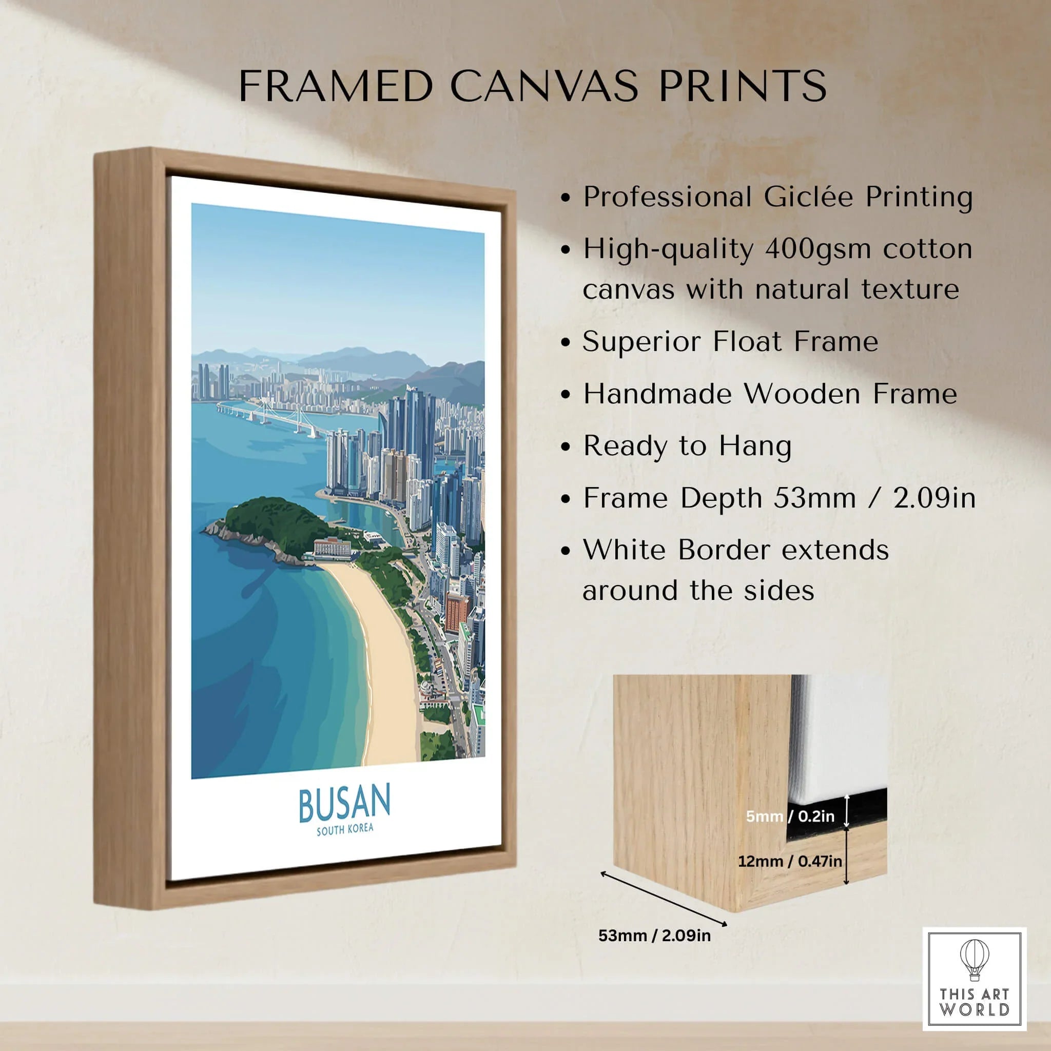 Busan city skyline travel poster in handmade wooden float frame, framed canvas wall art