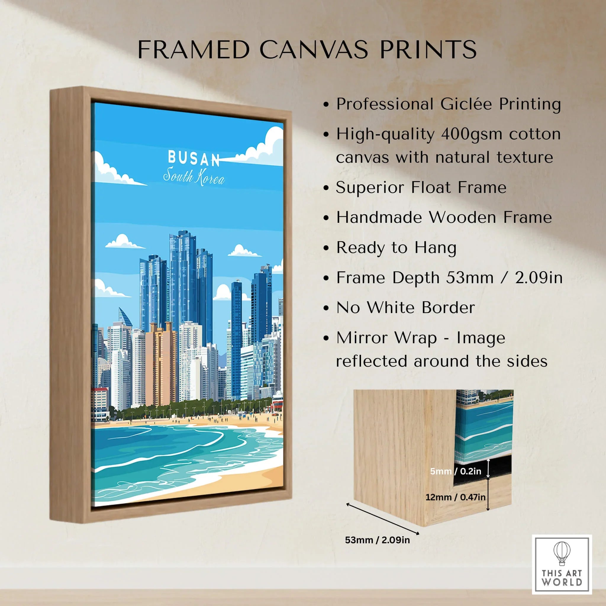 Framed canvas print of Busan South Korea cityscape with beach, float frame, wall art details
