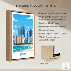 Framed canvas print of Busan skyline with beach, float wooden frame, wall art details shown