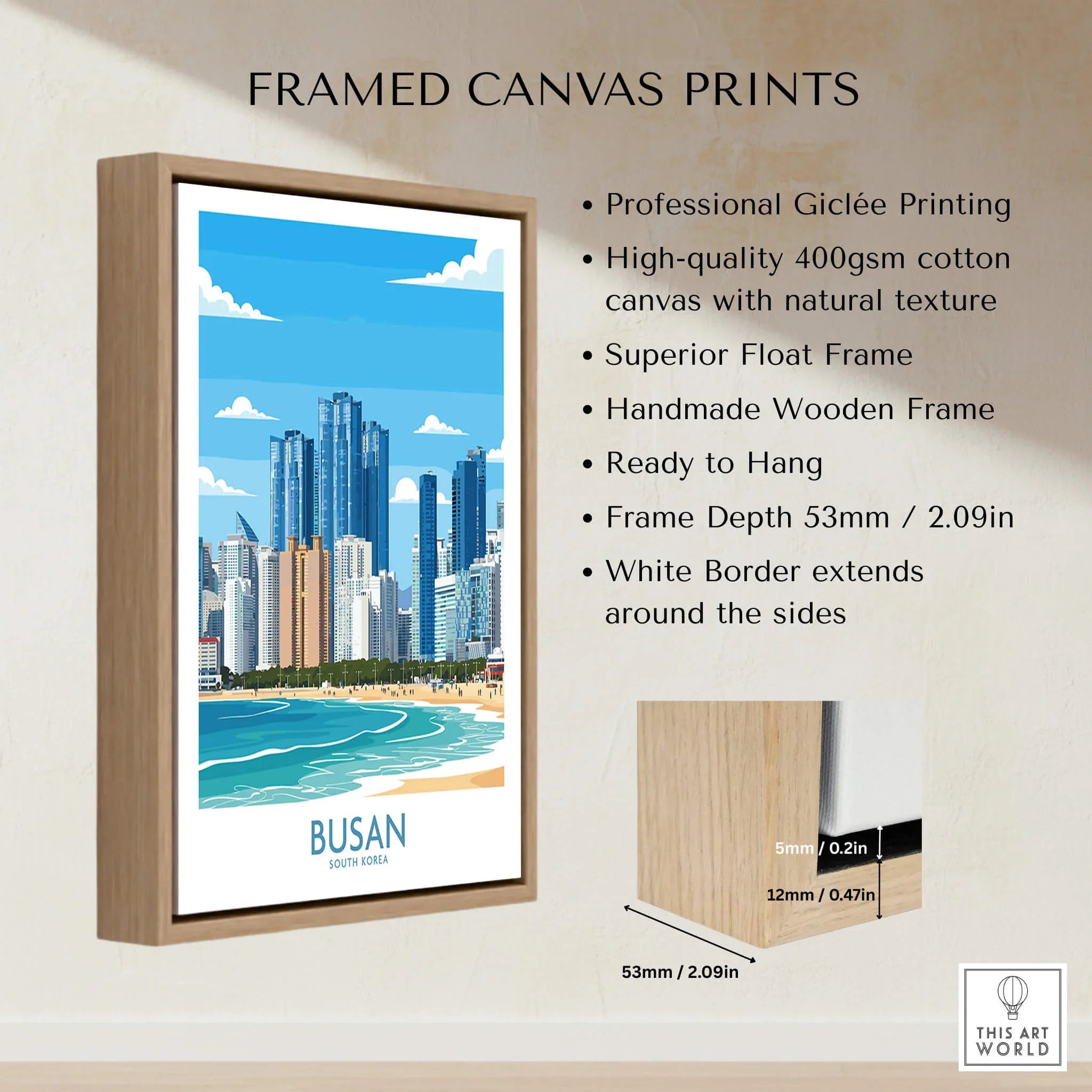 Framed canvas print of Busan skyline with beach, float wooden frame, wall art details shown