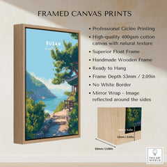 Framed canvas print of Busan South Korea landscape wall art with float wooden frame details