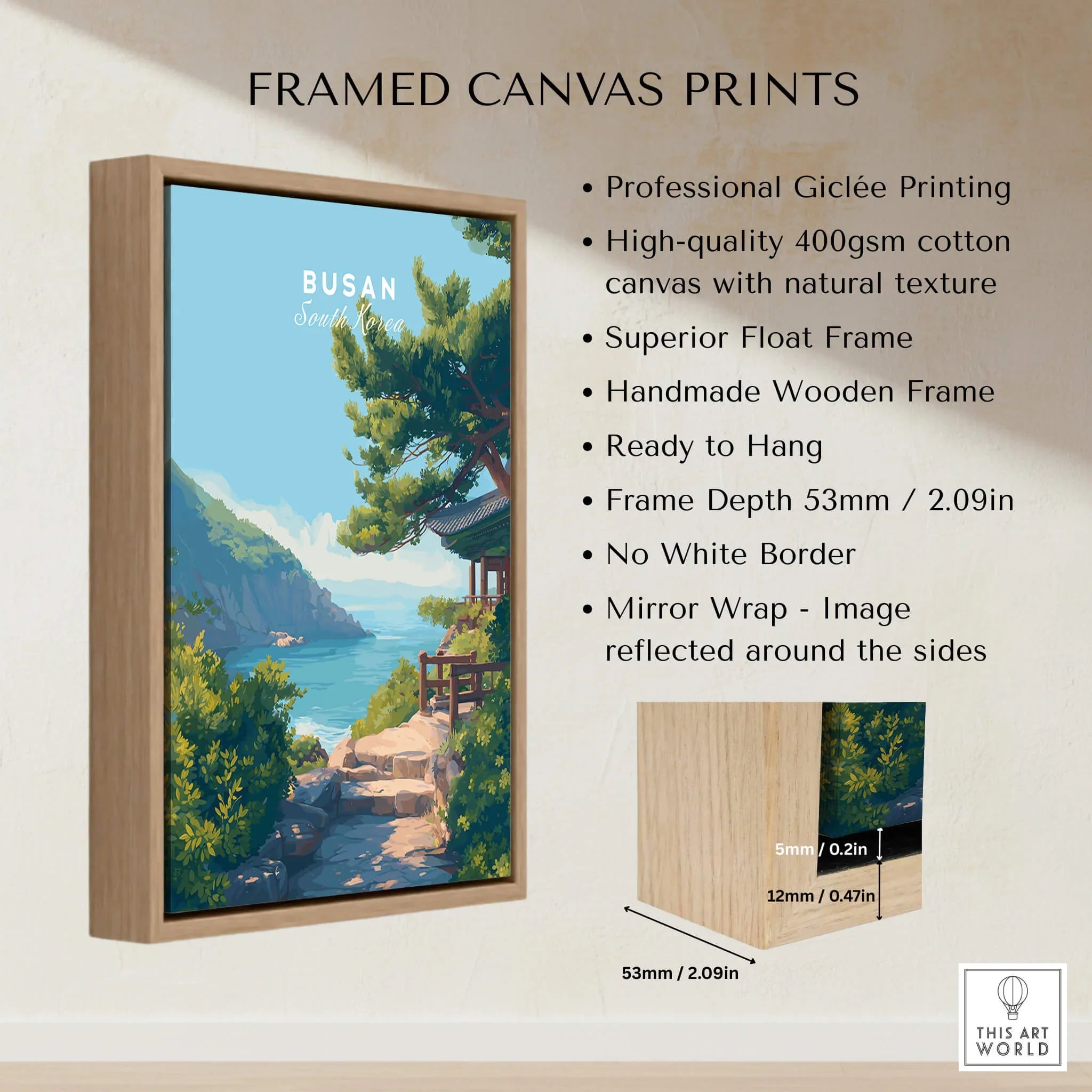 Framed canvas print of Busan South Korea landscape wall art with float wooden frame details