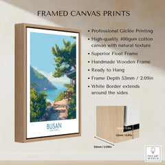 Framed Busan travel poster with float wood frame, canvas print details, and wall decor info