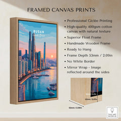 Framed canvas print of Busan skyline at sunset with wooden float frame and product details.