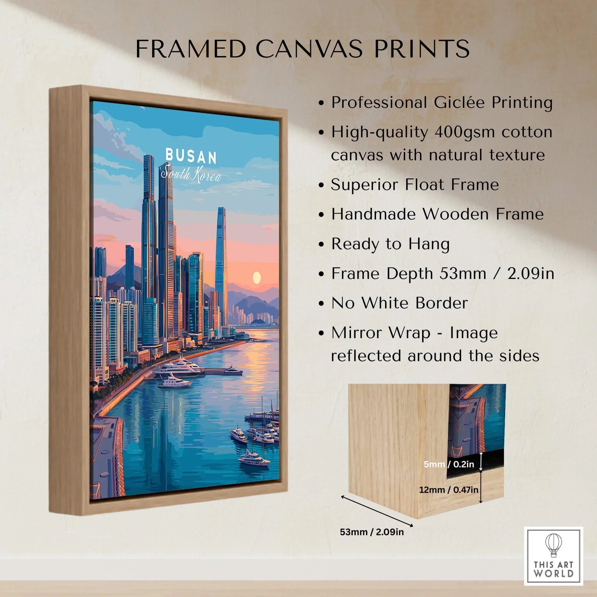 Framed canvas print of Busan skyline at sunset with wooden float frame and product details.