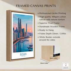 Busan framed canvas print with city skyline art, float frame, and wood edge details