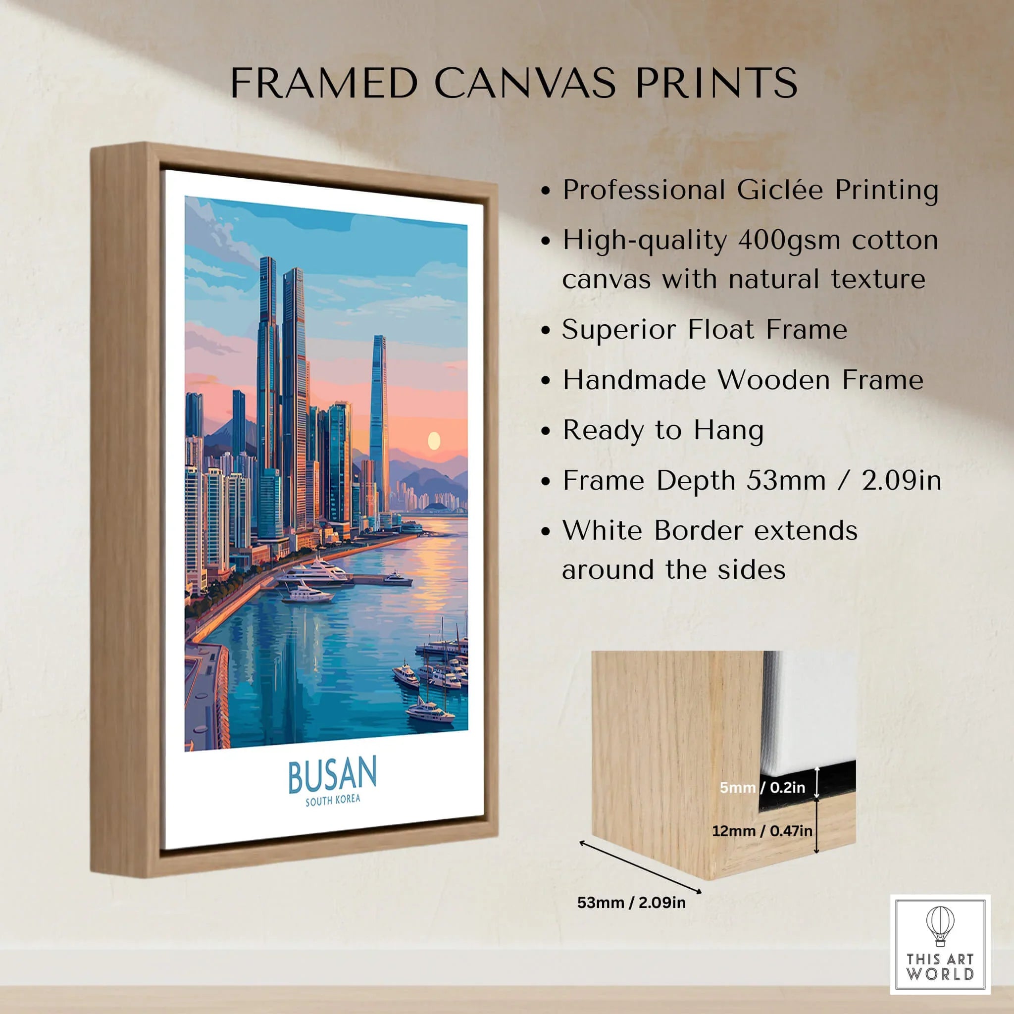 Busan framed canvas print with city skyline art, float frame, and wood edge details
