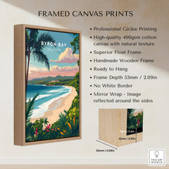 Byron Bay Australia Travel Poster framed canvas print showcasing beach and nature scenery with handmade wooden frame.