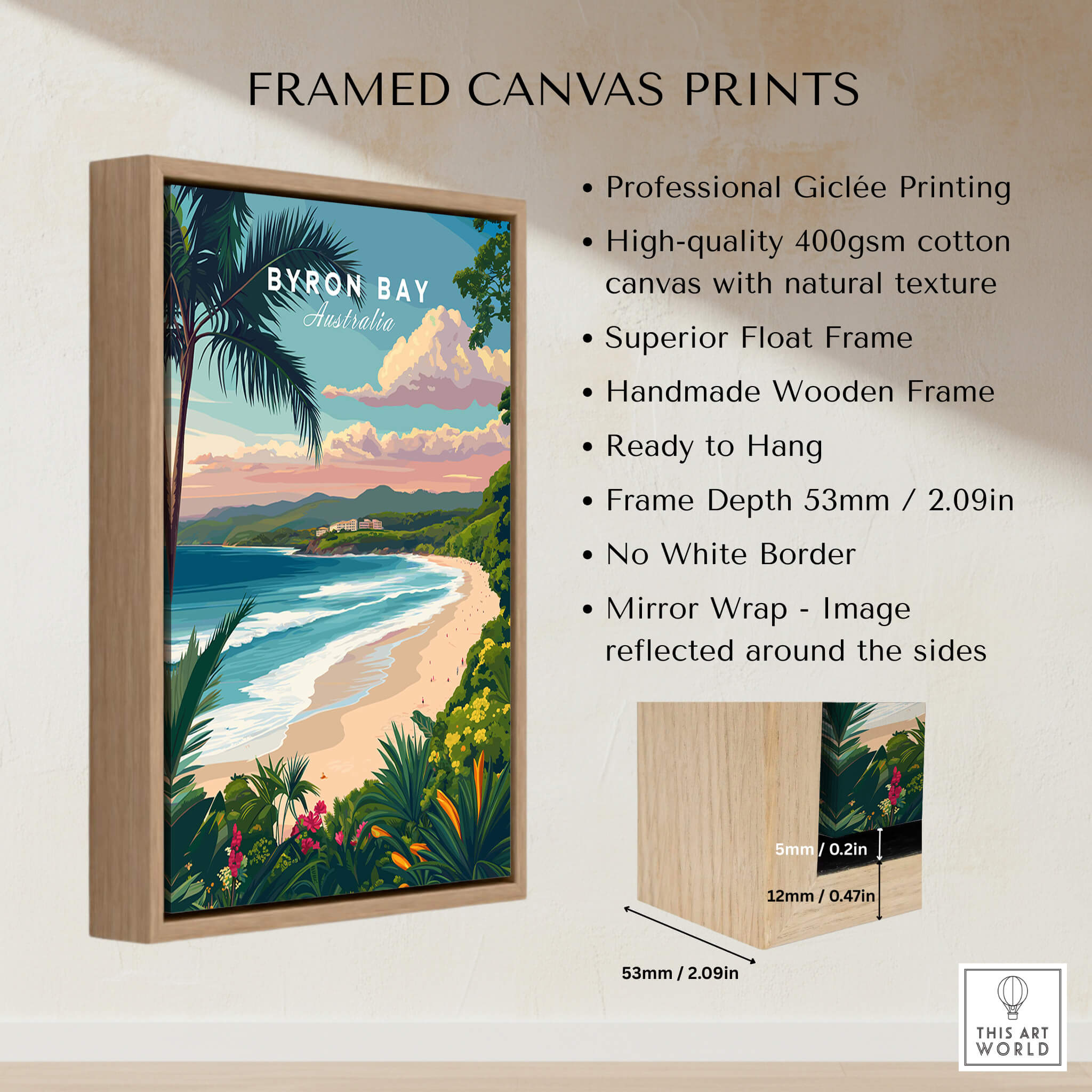 Byron Bay Australia Travel Poster framed canvas print showcasing beach and nature scenery with handmade wooden frame.
